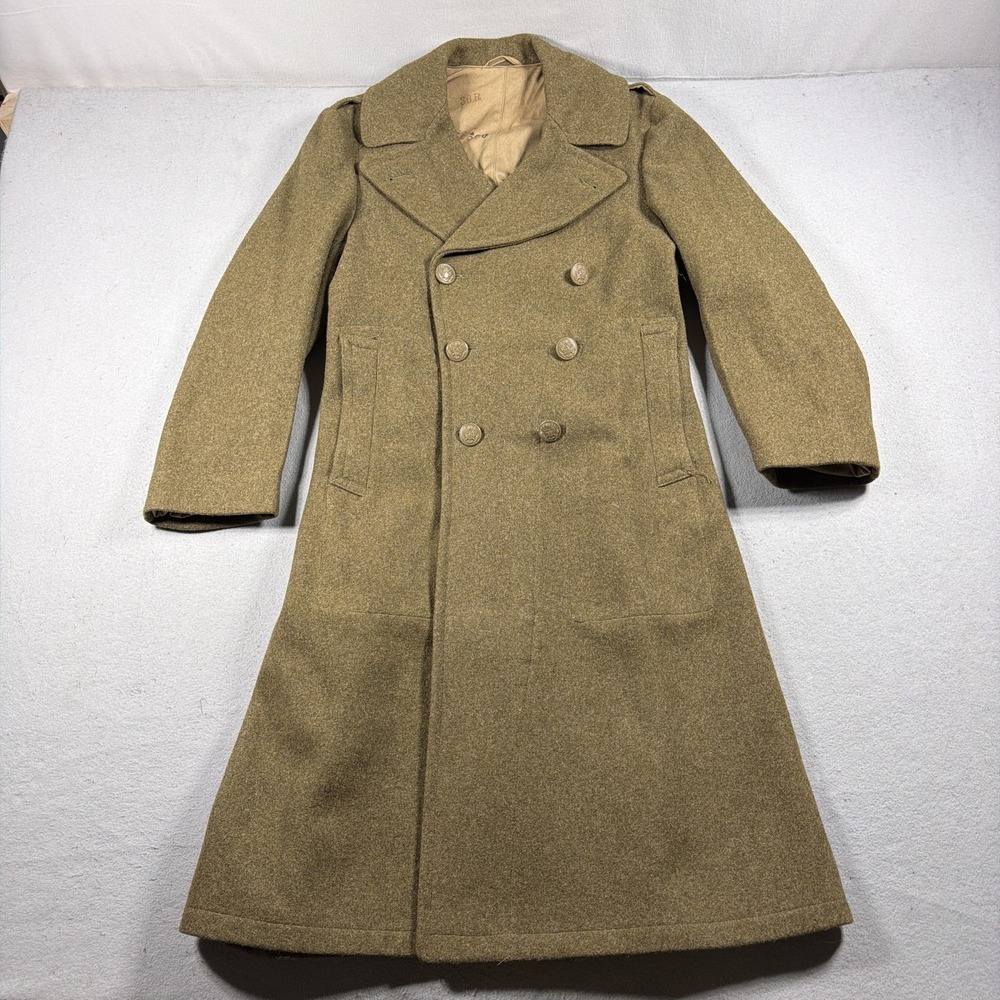 Vintage WW2 US Army Overcoat Men 36R Green Wool Long Double Breasted Coat